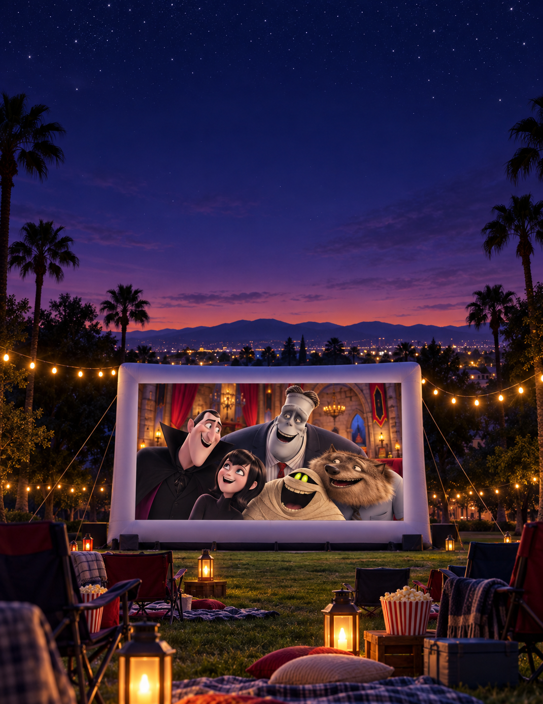 Outdoor movie screen under the stars with chairs and string lights